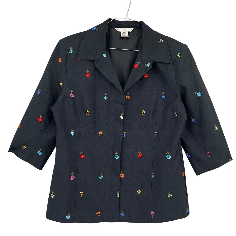 Peter Martin Womens 12 Silk Blazer Black Embroidered Floral 3/4 Sleeve Artsy Y2K